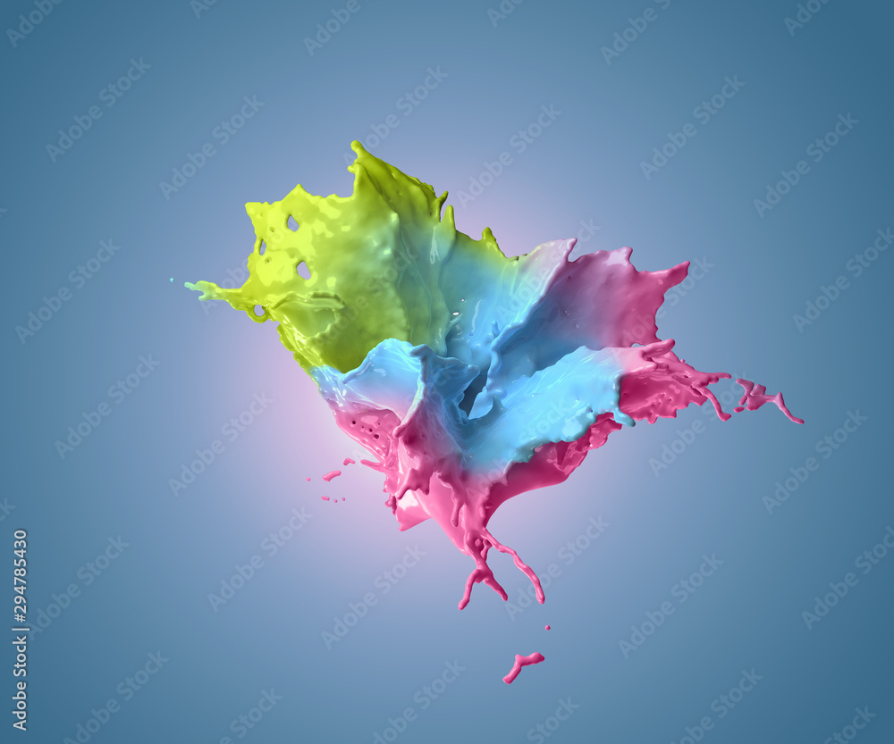 Poster exploding liquid in blue, green and pink, 3d render /rendering