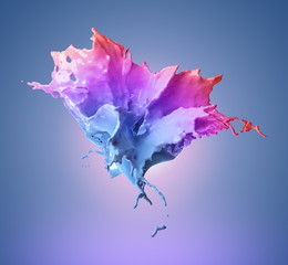 Exploding liquid in blue, green and pink, 3d render /rendering