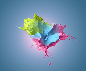 Exploding liquid in blue, green and pink, 3d render /rendering