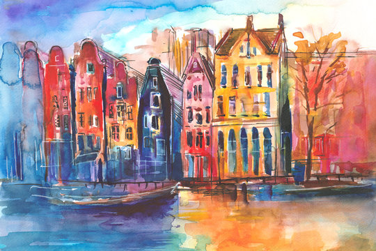 Widok na kamienice i kanał w Amsterdamie namalowany ręcznie farbami akwarelowymi