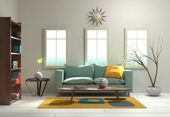 3d Rendering of modern interior with mint sofa, coffee table and books, lit by sunlight. 