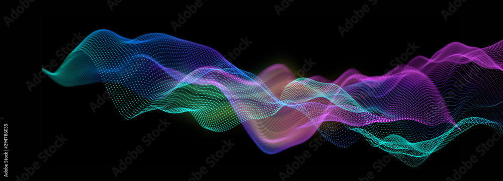 Aufkleber wave of colorful particles on a black background, 3d render / rendering