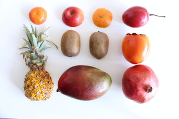 Fresh fruits isolated on a white background.Health concept food concept. Flat lay, top view.