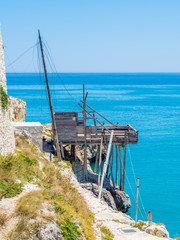 Trabucco, trebuchet, Vieste, ancient fishing tool in the coast of Gargano Apulia