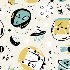 Cute pattern with funny astronauts and other elements of space. Vector illustration for gift wrapping paper, textile, surface textures, childish design.