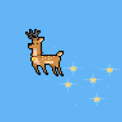 Pixel art cartoon flying raindeer character with star.