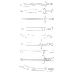 vector, isolated, on a white background, sketch sword, saber, cold steel, set