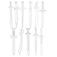 white background, sketch sword, saber, cold steel, set