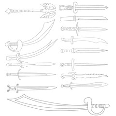 white background, sketch sword, saber, cold steel, set