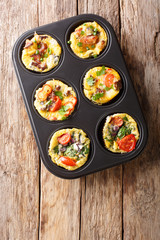 Tasty hot egg muffins with bacon, tomatoes, spinach and mushrooms close-up in a baking dish. Vertical top view