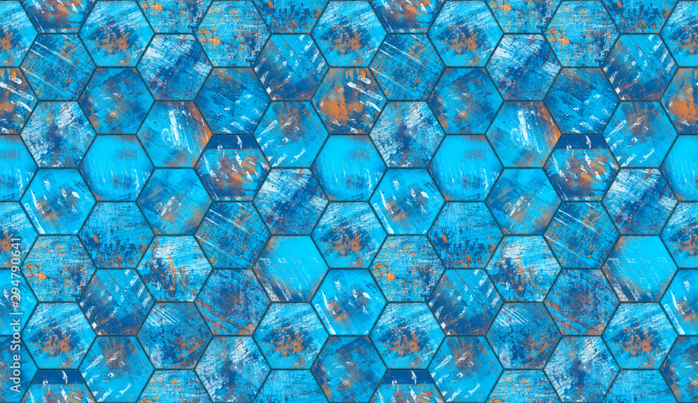 Wall mural Blue Hexagon Metal Tiled Background