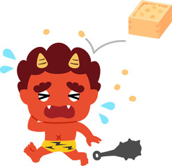 節分の豆をぶつけられて逃げる赤鬼