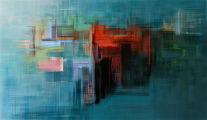 Colorful abstract oil painting. Surreal landscape artwork in contemporary style. Modern art on turquoise background.