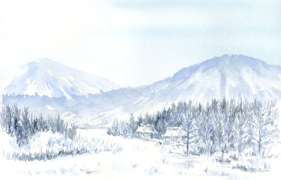 雪景色　水彩画