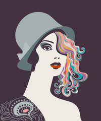 Elegant woman with hat and curly hair, 1920s era style. Eps10 vector