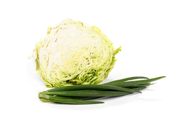 Fresh cabbage, carrot and onion isolated on white background.