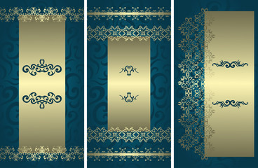 Set of templates for cards or invitations. Vintage floral decoration with blue seamless floral  background
