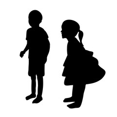 isolated, silhouette of a little girl and boy