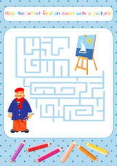 Funny artist painting. Educational game for children. Labyrinth, maze. Coloring book. Cartoon vector illustration