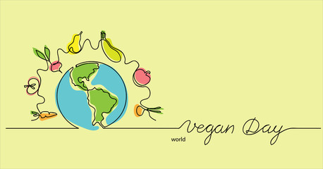 World vegan day hand drawn vector illustration. Vegetarian color background,border with planet, vegetables and fruits.One continuous line drawing. Vegan day lettering.