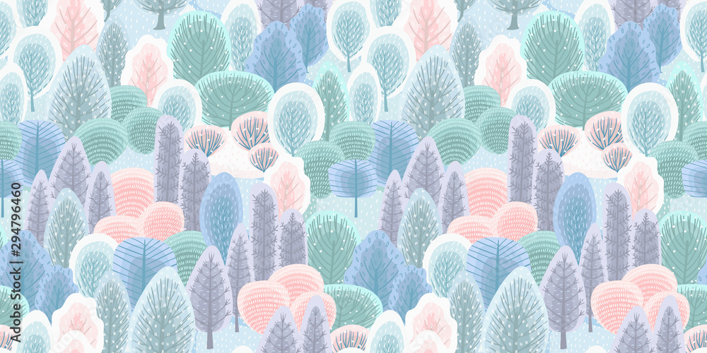 Sticker Abstract seamless pattern with winter forest. Vector background for various surface.