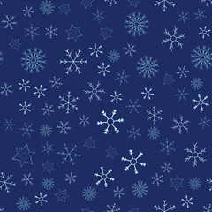 Snowflakes in different shapes and forms. Merry Christmas and New Year seamless vector pattern. Colorful background for Xmas.