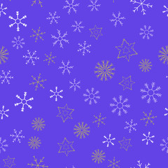 Snowflakes in different shapes and forms. Merry Christmas and New Year seamless vector pattern. Colorful background for Xmas.