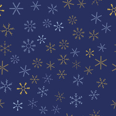 Snowflakes in different shapes and forms. Merry Christmas and New Year seamless vector pattern. Colorful background for Xmas.