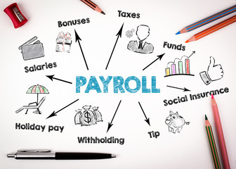 Payroll, work, opportunities, finance and insurance concept. Chart with keywords and icons. Pen and...