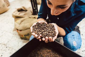 Barista woman testing the aroma of fresh coffee beans