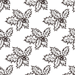 Seamless Pattern with Hand Drawn Holly Berry Leaves