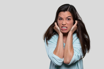 Female mental health portrait, woman suffering emotional pain, stressed, panic attack, paranoia and...
