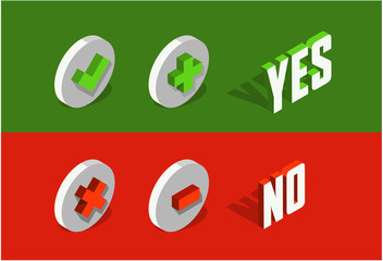 Check, add and delete / remove mark 3d isometric icon. Yes and No vector letters.