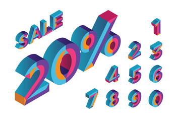 20% sale. 0, 1, 2, 3, 4, 5, 6, 7, 8, 9 isometric 3D numeral alphabet. Percent off, sale background. Colorfull polygonal triangle Letter. Eps10. Vector Isolated Number.