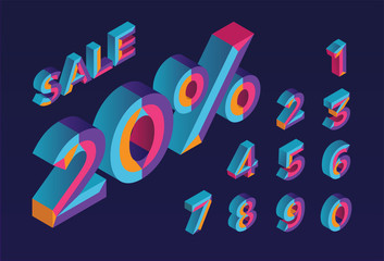20% sale. 0, 1, 2, 3, 4, 5, 6, 7, 8, 9 isometric 3D numeral alphabet. Percent off, sale background. Colorfull polygonal triangle Letter. Eps10. Vector Isolated Number.