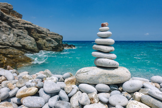 Pebble pyramid on Avlaki beach on Cretan sea