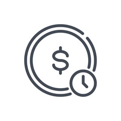Time is money line icon. Dollar coin with clock watch vector outline sign.