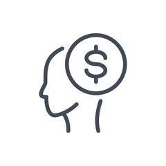 Head with dollar coin line icon. Money mind vector outline sign.