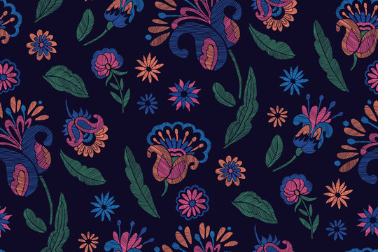 Floral seamless background pattern with mix wild flowers and leaves Line art. Embroidery flowers. Vector illustration. Textile design, wallpaper, card design.