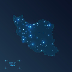 Iran map with cities. Luminous dots - neon lights on dark background. Vector illustration.