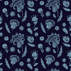 Floral seamless background pattern with mix wild flowers and leaves Line art. Embroidery flowers. Vector illustration. Textile design, wallpaper, card design.
