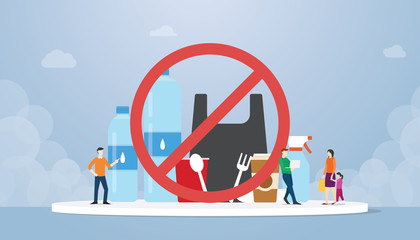 stop plastic campaign with various bottles plastics and other with team people and ban symbol with modern flat style - vector