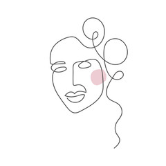 Vector woman face one line drawing. Monoline portrait minimalistic style. Simple design illustration logo or icon for greeting card, beauty center, spa, girls shop