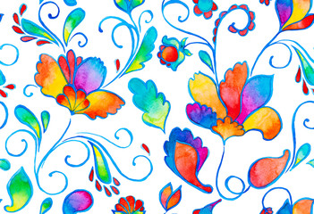 Obraz na płótnie Canvas Hand drawn flower seamless pattern (tile). Colorful seamless pattern with rainbow gradient arabesque whimsical flowers, paisley, buta. Watercolor seamless pattern for textile. Isolated object on white
