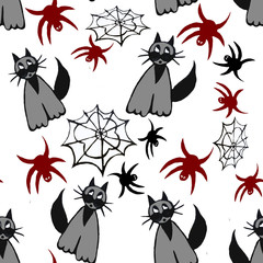 Halloween hand drawing seamless pattern with cats and spiders.