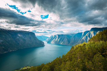 Sogn And Fjordane Fjord, Norway. Amazing Summer Scenic View Of Sogn Og Fjordane. Famous Norwegian Landmark And Popular Destination In Summer Day