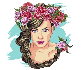  Spring look model. Beautiful girl in a wreath of peonies and roses. Flower wreath. Vector illustration for postcard or poster, print for clothes or accessories. Fashion & Style. Summer, spring, flowe