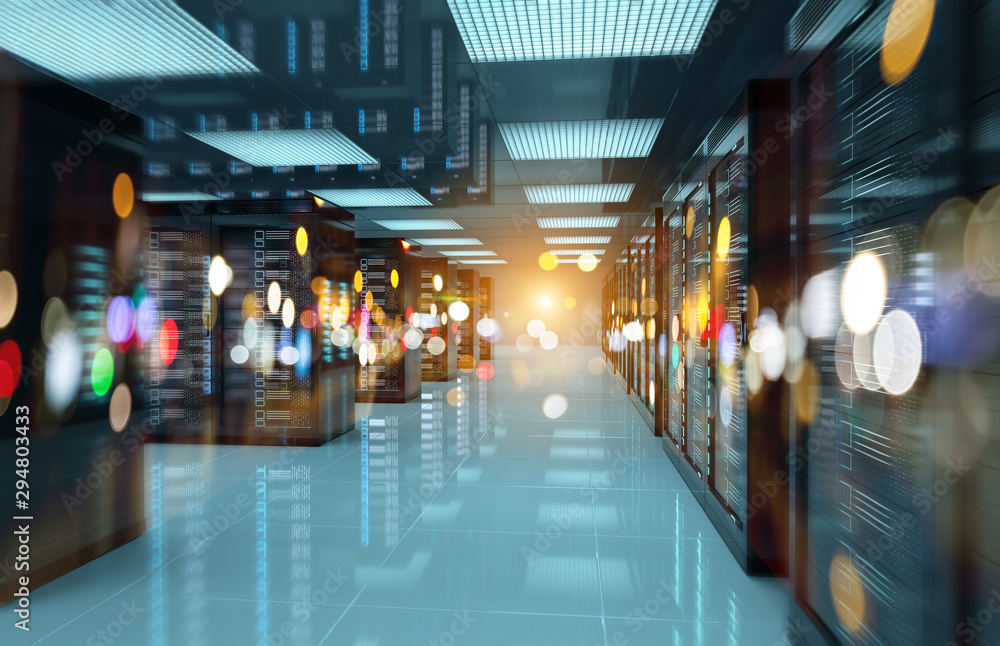 Fototapete servers data center room with bright bokeh light going through the corridor 3d rendering
