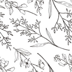 Vector Wildflower floral botanical flowers. Black and white engraved ink art. Seamless background pattern.