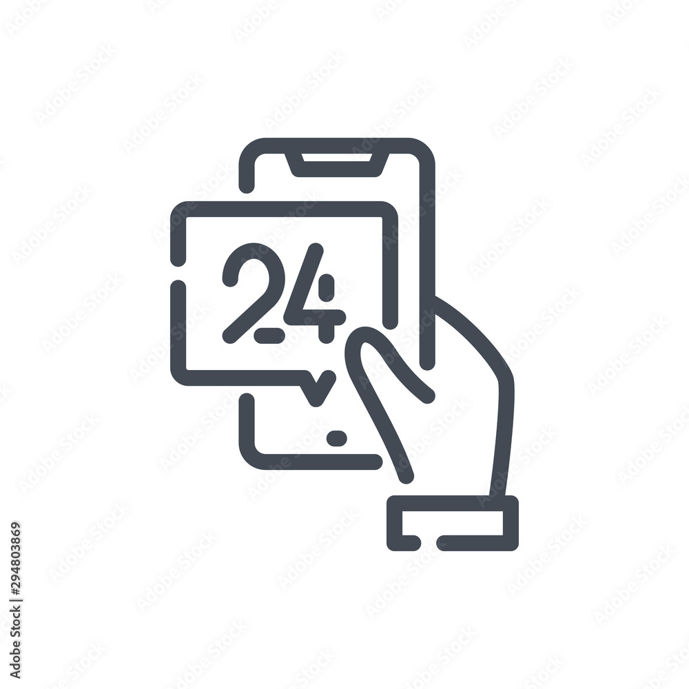 Poster smartphone with online support line icon. hand with mobile phone and speech box with 24 vector outli